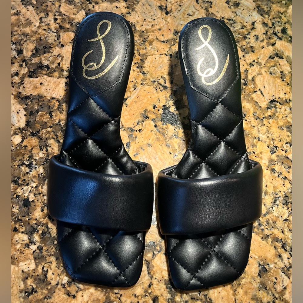 Sam Edelman Starla Quilted Black Leather Mule Slide Kitten Heels
